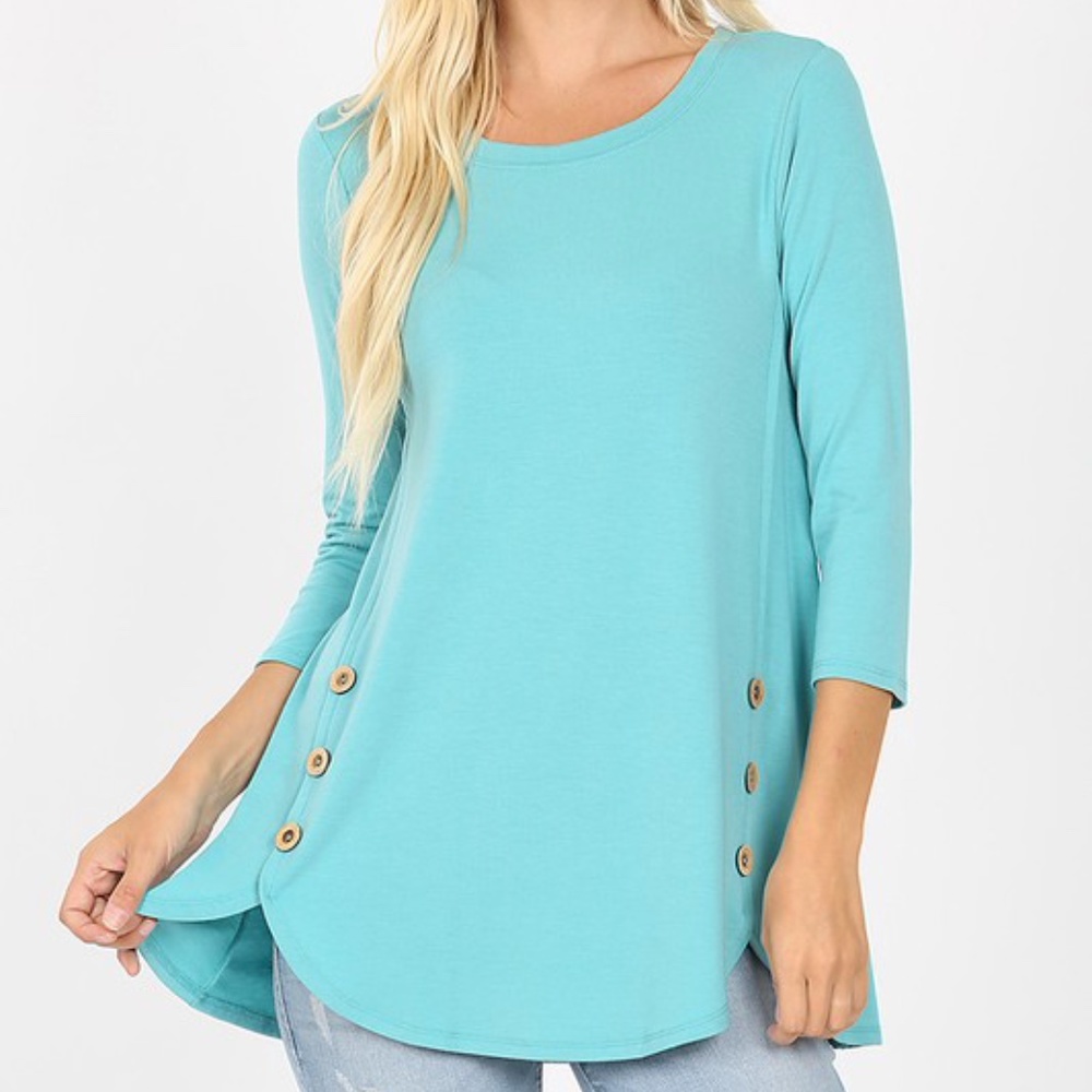Plus Size Dusty Teal 3/4 Sleeve Accent Buttons Top